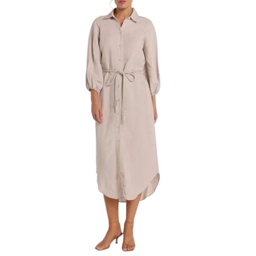 Hermoza Cecilia Shirt Dress Silver Gray Linen Blend Midi Lantern Sleeve Medium